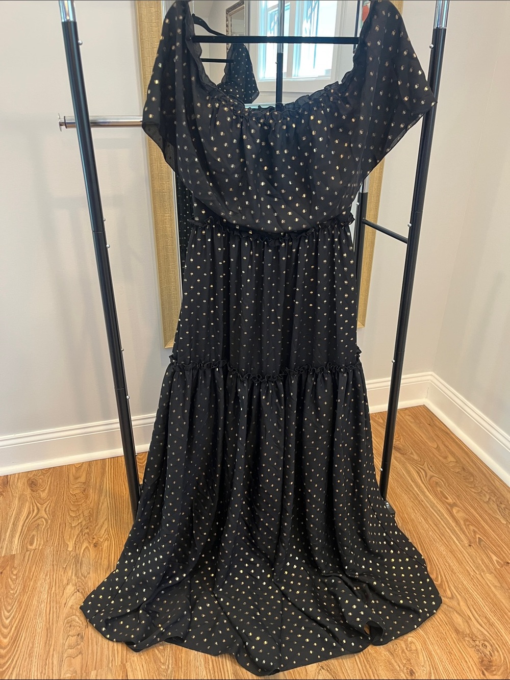 *Damaged* Monique Lhuillier Black & Gold Polka Dot Ruffle Maxi Dress